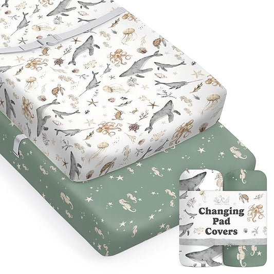 Baby Changing Pad Cover 2-Pack for Boys, Girls (Ocean Odyssey) - Premium Fitted Sheets Baby Diaper Changing Table Cover - Buttery Soft Cotton Blend