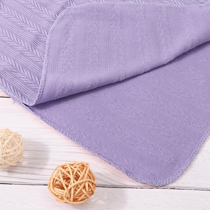 BQUBO Baby Swaddle Blankets for Girls, 4PCS Newborn Accessories Set with Matching Hat and Bow Headband with Hello World Wooden Birth Announcement Card, Baby Blankets for Girls (Purple)