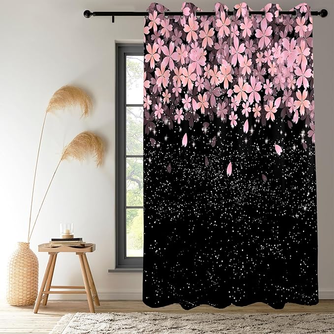 Renaiss Pink Cherry Patels Blackout Curtains, Japanese Cherry Flowers Thermal Insulated Bedroom Window Curtains, Black Floral Bossom Window Drapes for Living Room, 96" L x 53" W 2 Panel Set