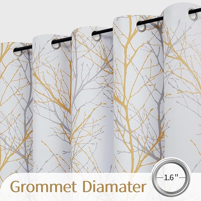 FMFUNCTEX 100% Blackout Patio Sliding Glass Door Curtains 84 Inch Long for Bedroom, Yellow Grey on White Tree Branch Patterned Drapes for Living Room Divider, Extra Wide Thermal Insulated Panels
