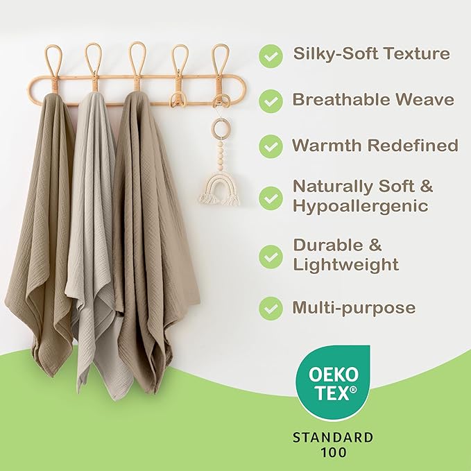 100% Organic Cotton Muslin Baby Blanket - 47 x 47 Inch Breathable Baby Girl Swaddle Blanket, Hypoallergenic Double-Layer, Soft and Cozy Baby Blankets for Sleeping & Everyday Use (Olive/Ivory)