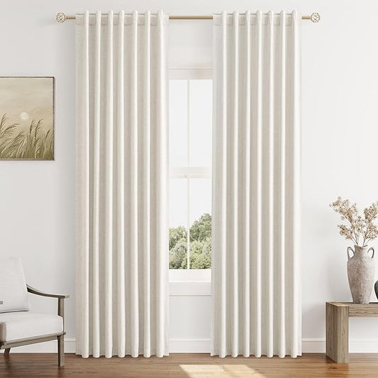 Guken 100% Blackout Curtains 84 Inch Length 2 Panels Set for Living Room Bedroom Back Tab Thermal Insulated Black Out Linen Drapes Room Darkening Window Curtains 84 Inches Long,Beige White