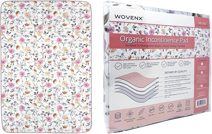 WOVENX Organic Incontinence Pads for Kids & Toddlers - 5 Layer Waterproof Protectors for Overnight Bed Wetting - Reusable & Washable Pee Pads - Fits Twin to Full Size Beds - 34" x 52" Flower