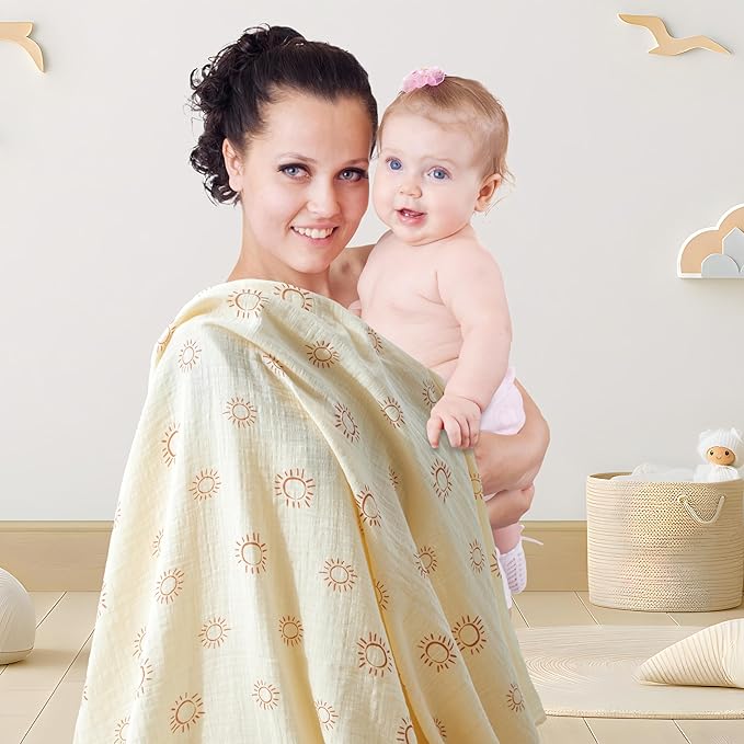 3-Pack 100% Cotton Muslin Swaddle Blankets, Large 47 x 47 Inches — Breathable Soft Receiving Blankets for Newborns, Swaddling Wraps, Registry Gift (Sunny Elephant Theme)