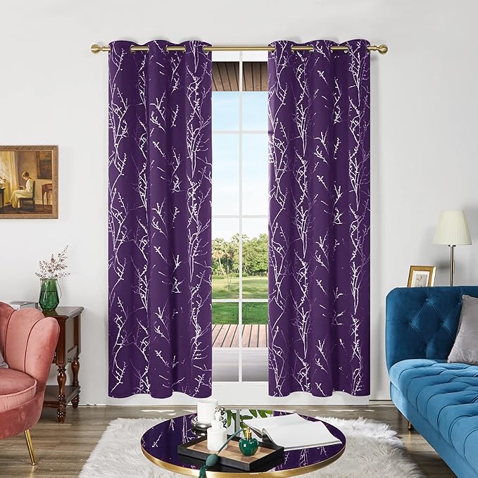 Deconovo Blackout Curtain, Purple Curtains, Thermal Insulated Soundproof Grommet Drapes, Silver Tree Foil Print, 42 x 84 Inch, 2 Panels, Machine Washable Window Panel for Living Room Bedroom Office