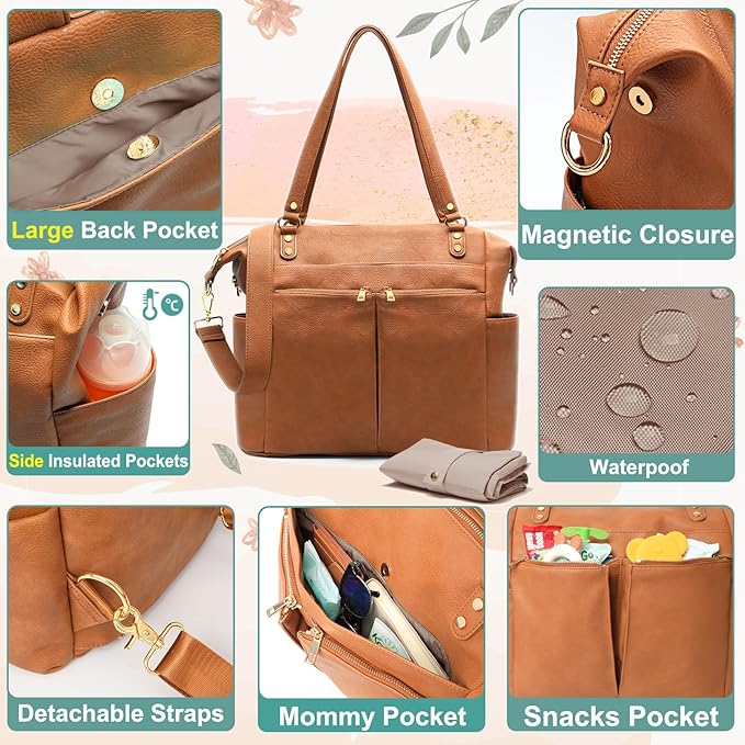 MOMINSIDE Diaper Bag Tote, 4 in 1 Leather Diaper Bag Backpack with 13 Pockets, Convertible Baby Bag for Boys Girls,Diaper Bags Baby Registry, Changing Pad, 4 Large Insulated Pockets(Brown)