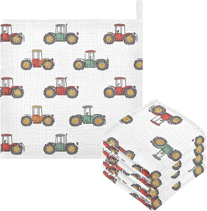 vvfelixl Baby Muslin Washcloths Cute Retro Tractor Baby Burp Cloths Cotton Babys Face Towel for Newborn Infants Boys Girls Soft and Absorbent 11.8 X 11.8 in, 3 Pack