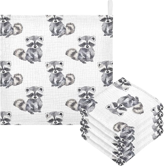 vvfelixl Little Raccoon Baby Burp Cloths Baby Muslin Washcloths for Boys Girls Cotton Babys Face Towel for Newborn Infants Soft and Absorbent 11.8 X 11.8 in, 5 Pack