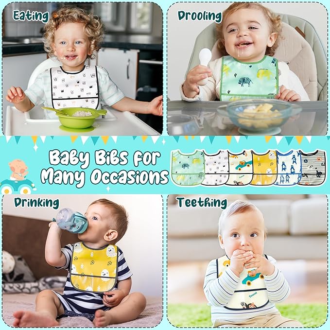 2ooya 6Pcs Waterproof Toddler Bibs Baby Feeding Bib Set with Crumb Catcher Pocket, Infant Adjustable Baby Teething Bib, Babies Sleeveless Vehicles Food Bibs Keepsake Gift for Baby Shower, 6-24 Months