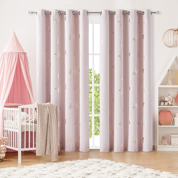 Jubilantex Lavender Pink Butterfly Blackout Curtains 2 Panels 54" Length for Baby Girls Nursery Bedroom Metallic Floral Print Room Darkening Drapes Grommet Window Treatment for Living Room