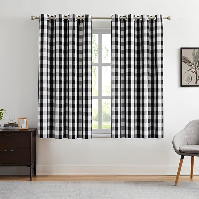Amzdecor Buffalo Check Plaid Full Blackout Window Curtains 63 Inches Long for Bedroom Noise Reducing Total Room Darkening Grommet Drapes,Vintage Farmhouse Window Treatment,2 Panels,52"x63",Black White