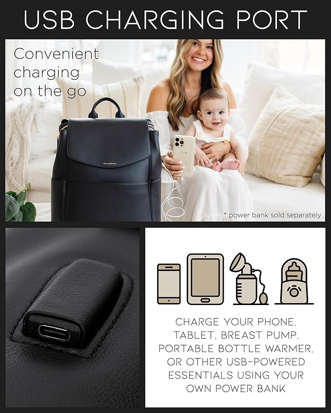 MIA + SOPHIA Leather Diaper Bag Backpack with USB Charging port, Changing Pad, Stroller Straps (Black Olivia)
