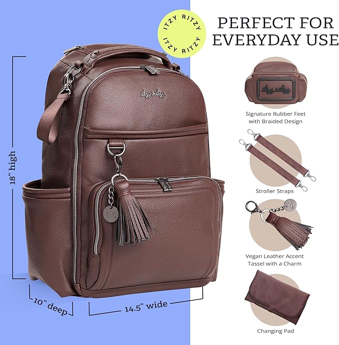 Itzy Ritzy Diaper Bag Backpack – Large Capacity Boss Plus Baby Backpack Diaper Bag Featuring 19 Pockets, Changing Pad, Stroller Clips, and Comfortable Straps (Espresso)