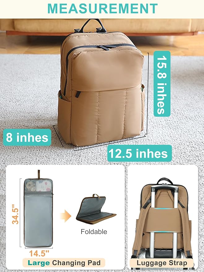 MOMINSIDE Diaper Bag Backpack - Large Puffer Diaper Bag - Neoprene Diaper Bag Quilted Baby Bag, Large Changing Pad, 15 Pockets, Lightweight, Brown