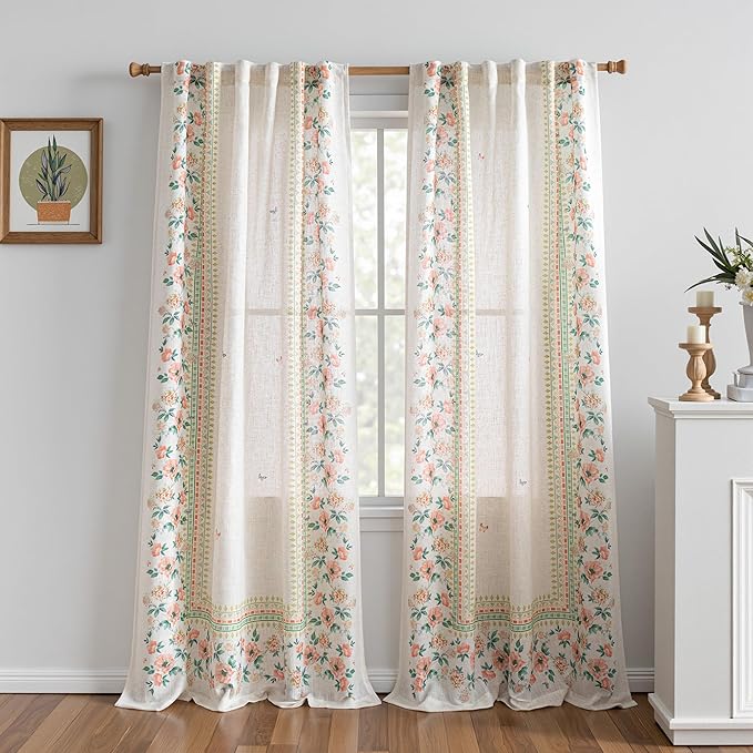 MYSKY HOME Boho Floral Curtains with Butterfly Linen Blend Curtain 84 inches Long for Living Room Bohemian Cottage Style Window Treatments Light Filtering Privacy Back Tab Drapes, 50'', Pink, 2 Pcs