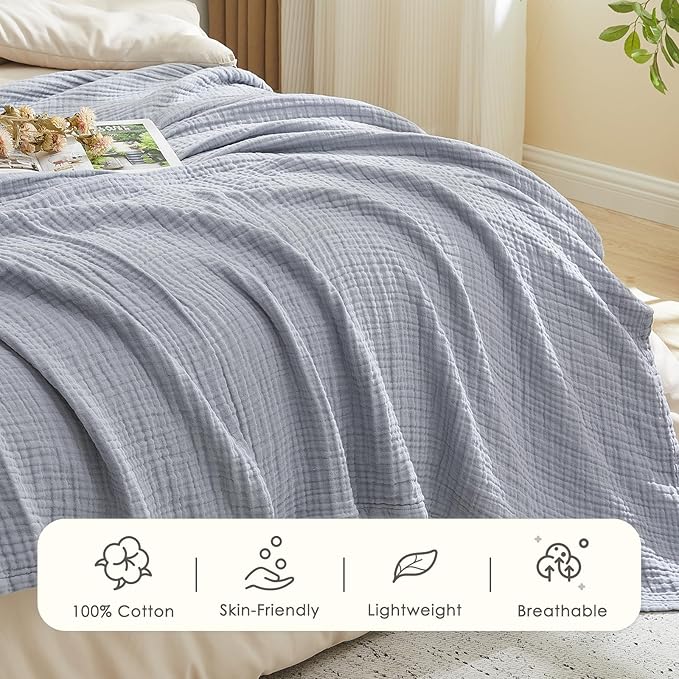 EMME Cotton Muslin King Blanket Bed Layering Breathable Gauze Blanket Soft Lightweight Blankets Adults (Dusty Blue, 108"x90")