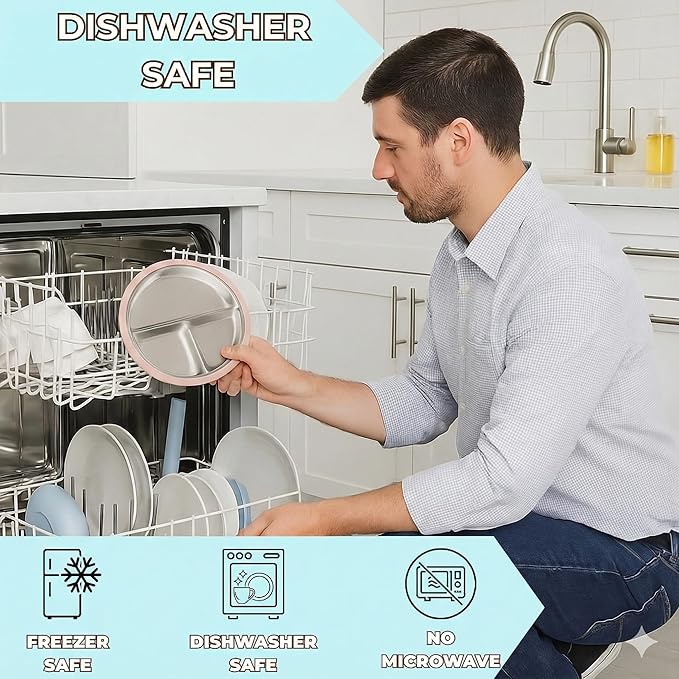 Stainless Steel Toddler Plate with Suction Set of 2, 8” Divided Plates with Removable Silicone Sleeves for Kids, Non Toxic & BPA Free | Non Slip | Unbreakable Baby Dishes, (Tofu & Pearl Blush)