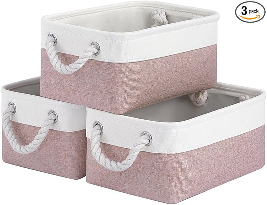 Storage Baskets for Shelves 11.8x7.9x5.2 Inch, Foldable Fabric Storage Bins with Handles, Small Storage Baskets for Organizing Closet, Office, Home Organization (3-Pack, White&Pink)