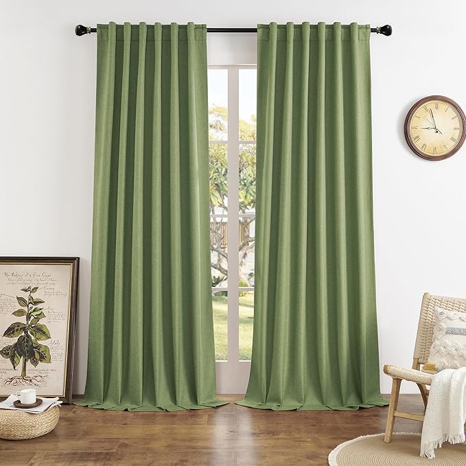 DUALIFE Blackout Curtains 108 Inches Extra Long-Back Tab/Rod Pocket Flax Linen Textured Thermal Insulated Room Darkening Curtains Drapes for Living Room 50 Inch Width 9 FT Tall, Sage Green