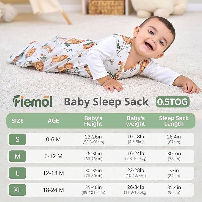FIEMOL Baby Sleep Sack 12-18 Months, 0.5 TOG Wearable Blanket for Baby Boy and Girl, 2-Way Zipper Toddler Sleeping Bag 2 Pack, Lightweight Sleep Sacks Green Lion（Large）