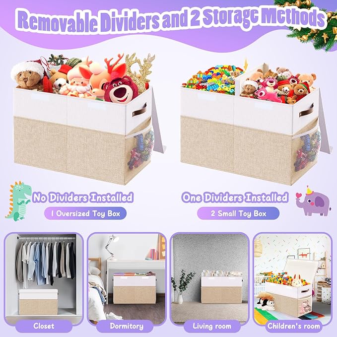 Large Toy Storage Box with Lid Divider, Sturdy Collapsible Toys Organizer Chest Kids Storage Bins Boxes Baskets for Boys, Girls, Nursery, Bedroom, Living Room, Playroom, 25"x13"x16", Beige and White