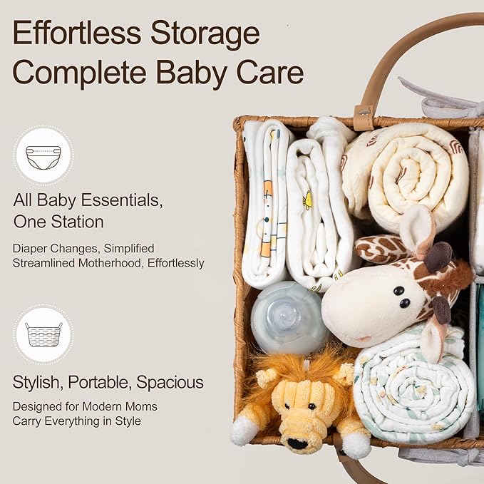 HBlife Large Diaper Caddy Organizer, Washable Waterproof, Portable Plastic Wicker Woven Basket with Divider, Nursery Diaper Station, Baby Shower Gifts Basket & Car Organizer
