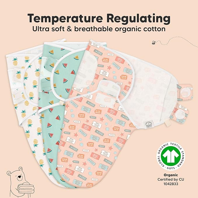 3-Pack Organic Baby Swaddle Sleep Sacks - Swaddles for Newborns, Infant 0-3 Months, Baby Girls, Boys, Soft & Snug Newborn Sleep Sack, Nursery Swaddling Blankets (Beach Day)