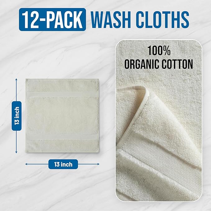 Organic Cotton Wash Cloths Luxurious Plush Feather Touch Quick Dry Wash Cloths Pack of 12 GOTS & Oeko- TEX Certified | Premium Soft, Absorbent, Small Hand Face Towels Wash Rags– Ivory