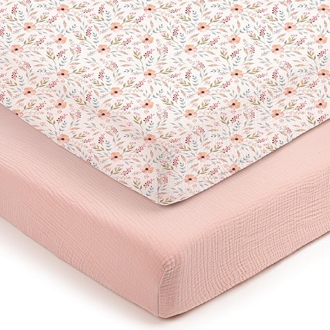 lulumoon Mini Crib Sheets 2-Pack: Soft Muslin Cotton Pack and Play Sheets for Playard Mattress - Boho Floral Print for Girls