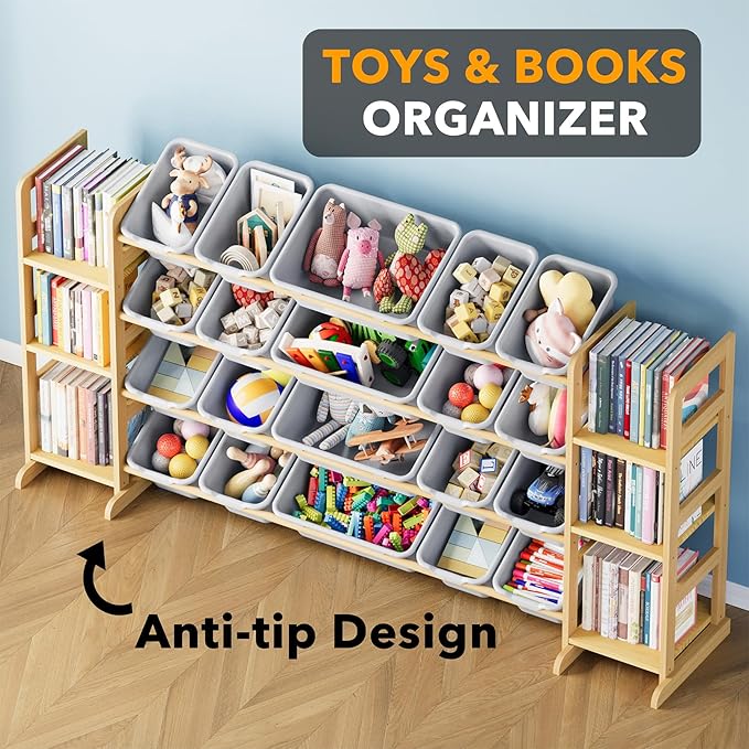 SpaceAid Toy Storage Organizer with 6 Shelves and 20 Bins, Toy Organizers Storage Bookshelf, Kids Bin Shelf Toys Box Bookcase for Bedroom Playroom Organization Room Decor, Neutral Gray
