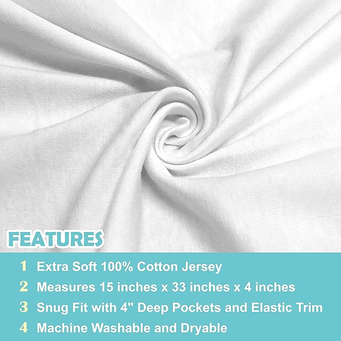 American Baby Company 15" x 33" Fitted Bassinet Sheet, 100% Natural Cotton Jersey Knit, White, Soft Breathable, for Boys and Girls, Pack of 2