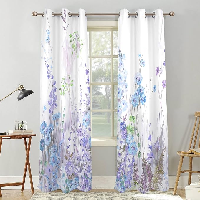 Renaiss Purples Blue Floral Print Blackout Curtains, Pastel Wild Flowers Thermal Insulated Bedroom Window Curtains, Spring Floral Art Window Drapes for Living Room, 96" L x 42" W 2 Panel Set
