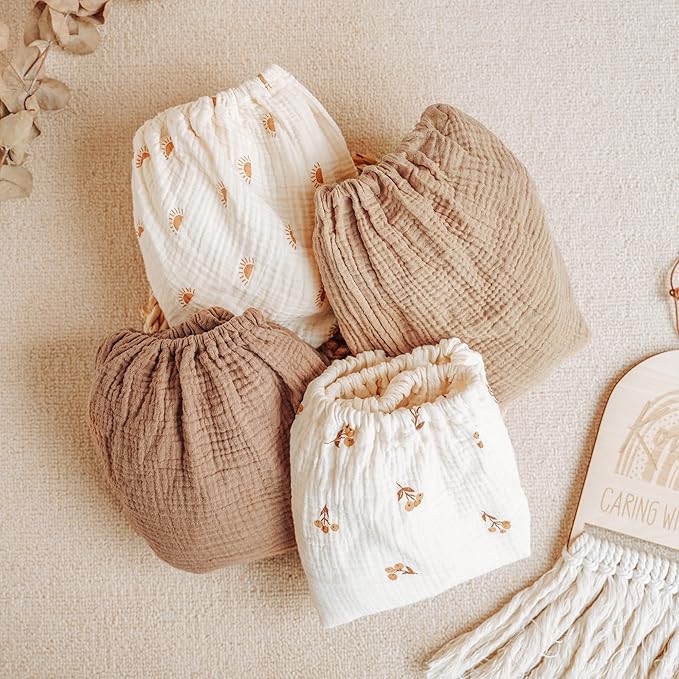 Konssy Muslin Bassinet Sheets for Baby Girl Boy, 2 Pack Soft Breathable Baby Bassinet Mattress Sheets Fit for Hourglass Oval Cradle, Moses Basket Rectangle Mattress (Camel, Sun)