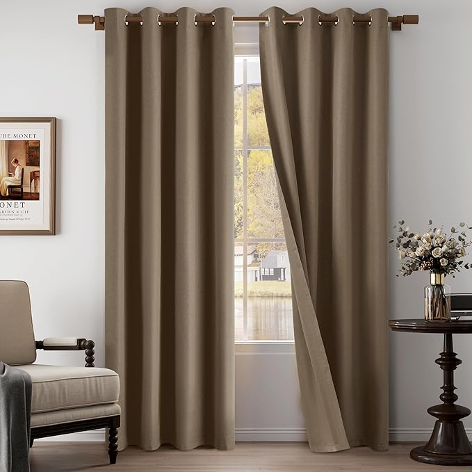 100% Blackout Linen Textured Curtains 95 Inch Length 2 Panels Set for Living Room, Bedroom, Light Weight Curtains with Grommets Top, Full Blackout Curtains Privacy Protection, Brown, 52" W x 95" L