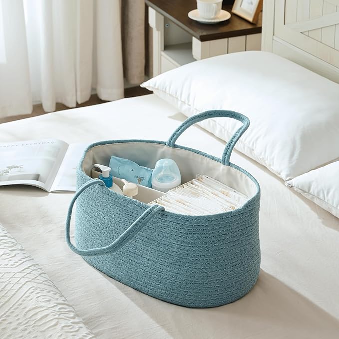 luxury little Diaper Caddy Organizer, Large Cotton Rope Nursery Baby Basket, Changing Table Organizer for Baby Diaper Storage, Portable Car Organizer Removable Divider (Lake Blue, Extra Large)