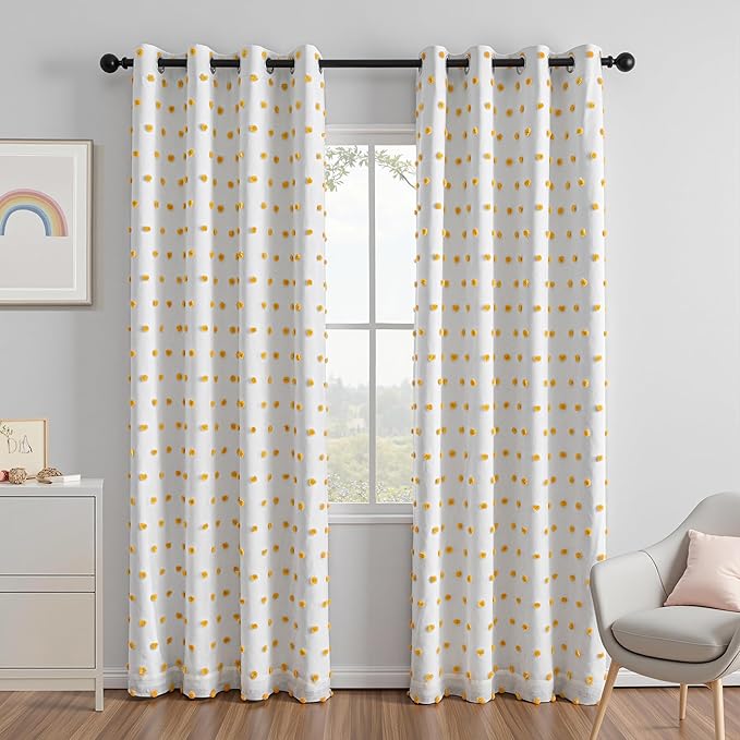 MEETSKY 100% Blackout Curtains for Living Room 90 Inches Long Total Light Blocking Nursery Curtains for Girls Room,Grommet Room Darkening Window Drapes with Yellow Pom Pom Sheer 52W x 90L, 2 Panels