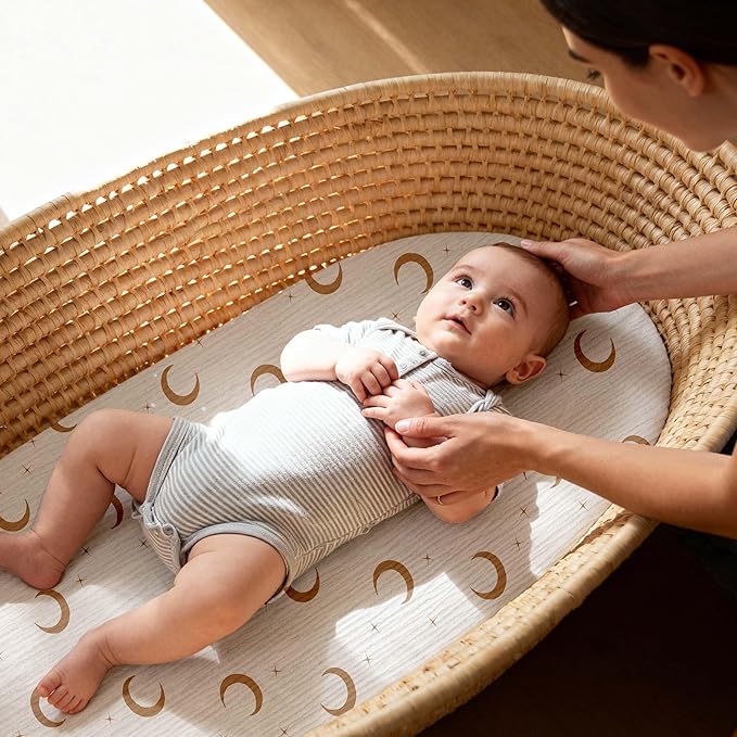 Gllquen Baby Muslin Bassinet Sheets 3 Pack, Breathable Elastic Cozy Fitted Cotton Bassinet Mattress Sheet for Baby Boy Girls, Fit for Hourglass Oval Rectangular Cradle Pad Sheets 33"x17" (Whale)