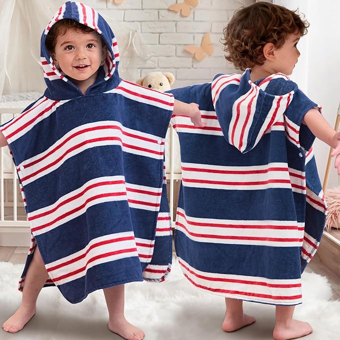 Toddler Bath Towels with Hood, Oversized (2-4Years,22"X22") Made from 100% Soft Cotton,Absorbent Hooded Poncho Towel for Baby Girl,Perfect for Pool | Swimming | Bath | Beach,Navy Red Stripe