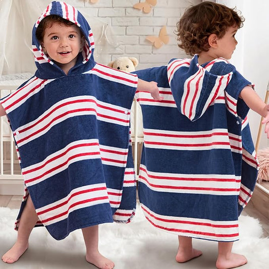 Toddler Bath Towels with Hood, Oversized (2-4Years,22"X22") Made from 100% Soft Cotton,Absorbent Hooded Poncho Towel for Baby Girl,Perfect for Pool | Swimming | Bath | Beach,Navy Red Stripe