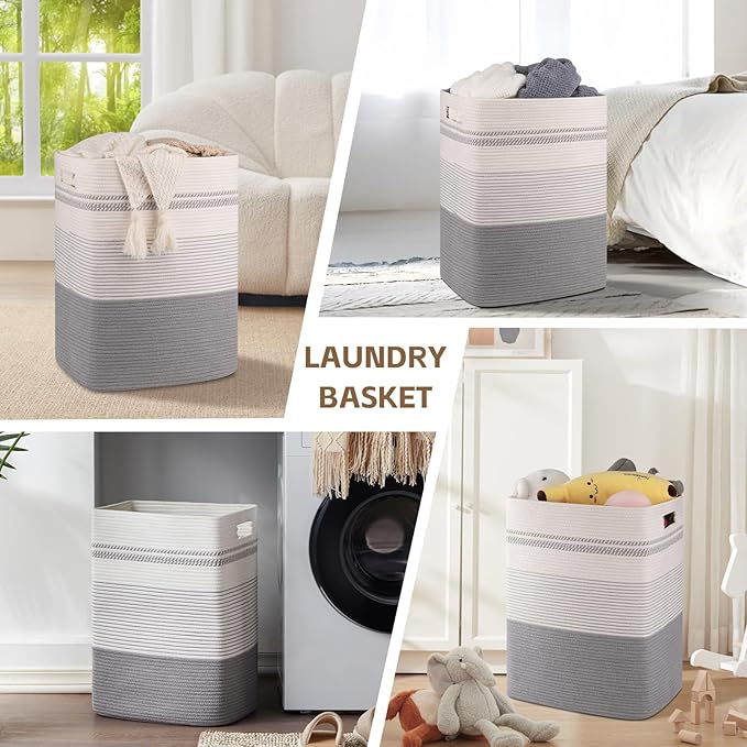 Laundry Basket, Large Woven Rope Tall Laundry Basket with Handles, Decorative Storage Basket for Clothes and Blankets in Living room, Bedroom