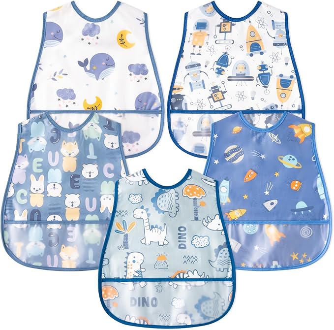 R HORSE 5Pcs Baby Bibs Set Toddler Bibs with Crumb Catcher Pocket & Snap Button Waterproof Baby Feeding Bibs for 6-24 Months