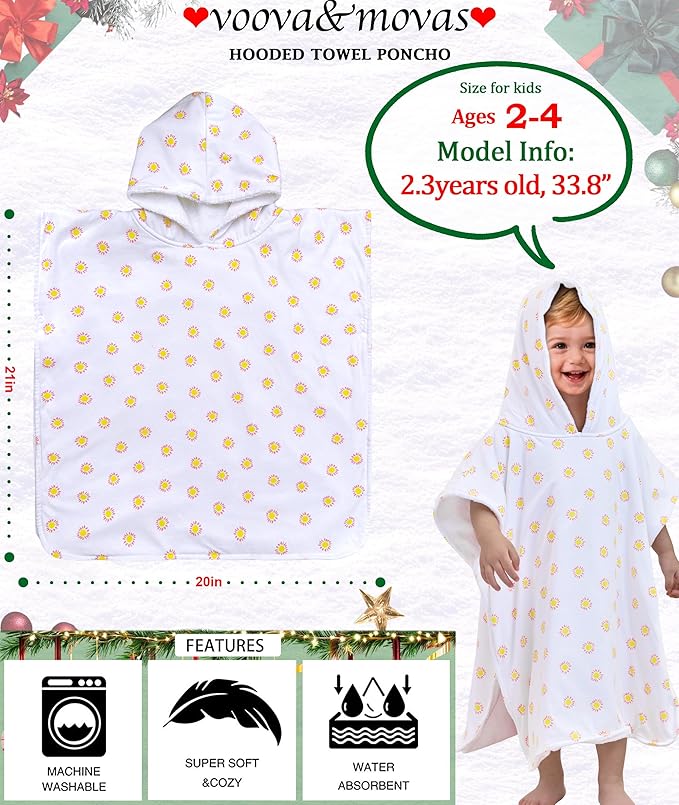 VOOVA & MOVAS Double-Layered Thick Toddler Poncho Towel with Hood (2-4 Years, 20x21 Inches) | Ultra Soft & Absorbent Cotton | Toddler Bath Towel for Swimming, Beach, Shower & Winter