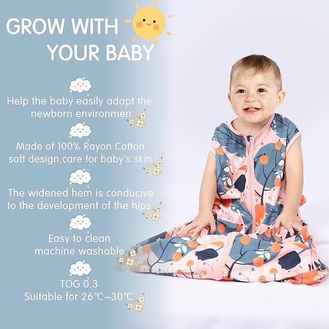 BSTOPPT 3 Pack Baby Sleep Sack 100% Rayon Cotton Baby Sleeping Bag 2-Way Zipper Toddler Wearable Blankets TOG 0.3. (Gerbera&Tulips&Pink, 0-6 Months)