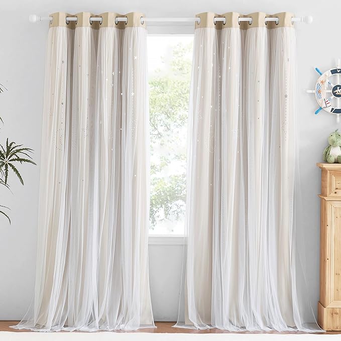NICETOWN Kids Blackout Curtains for Baby Rooms Girl Princess Curtain for Daughter Bedroom Window Moon and Star Hollout Sliding Door Panel for Living Room (Biscotti Beige, W52 X L84, 1 Panel)