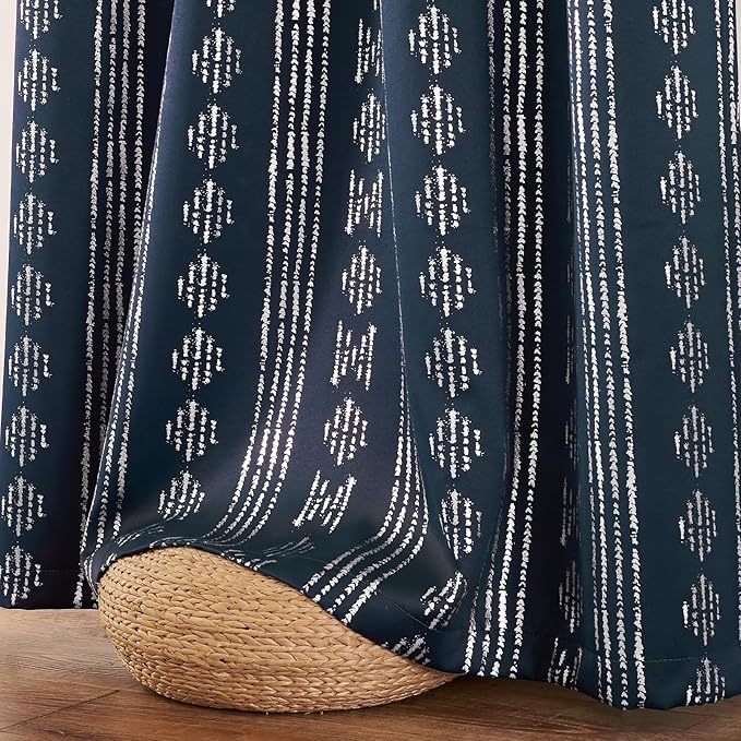 jinchan 95% Blackout Boho Curtains 96 Inches Long for Bedroom Living Room Silver Geometric Foil Printed Blue Curtain Grommet Top Room Darkening Drapes 52 x 96 2 Panels