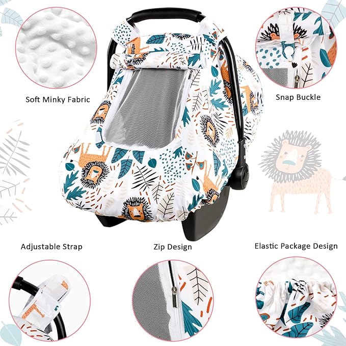 Baby Car Seat Cover, Winter Car Seat Covers for Babies, Carseat Cover Boy, Mink Carseat Canopy with Window, Cozy & Warm Cover, Lion
