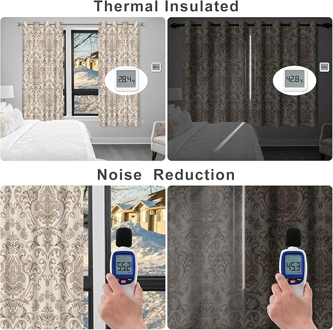 Beige Blackout Curtains for Bedroom and Living Room, Vintage Damask Patterned Black Out Curtains 63 Inch Long 2 Panels Set, Room Darkening Thermal Insulated Privacy Soundproof Window Drapes for Winter