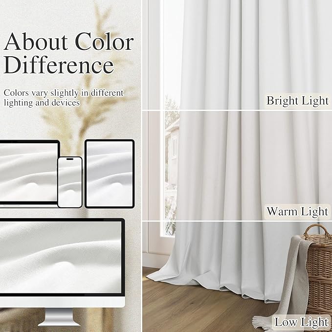 Guken White 100% Blackout Linen Curtains 52 Inch Wide by 128 Inch for Living Room Bedroom Back Tab Thermal Insulated Black Out Linen 2 Drapes Room Darkening Window Curtains