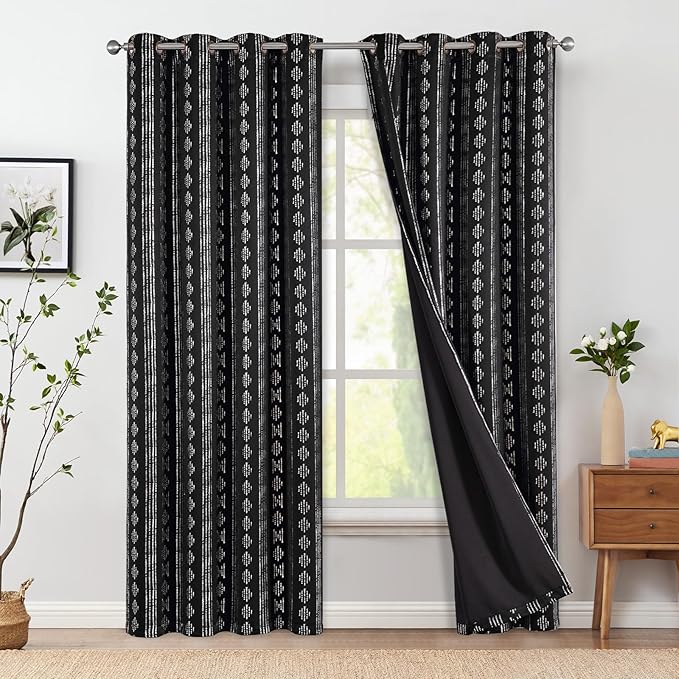jinchan 95% Blackout Boho Curtains 84 Inches Long for Bedroom Living Room Silver Geometric Foil Printed Black Curtain Grommet Top Room Darkening Drapes Off White 52 x 84 2 Panels