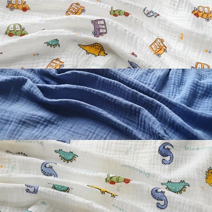 Onacosht Muslin Bassinet Sheets 3 Pack, 100% Cotton Baby Fitted Sheet 33" X 17" for Standard Rectangle Round Oval and Hourglass Bassinet Mattress, Dinosaur Car and Blue